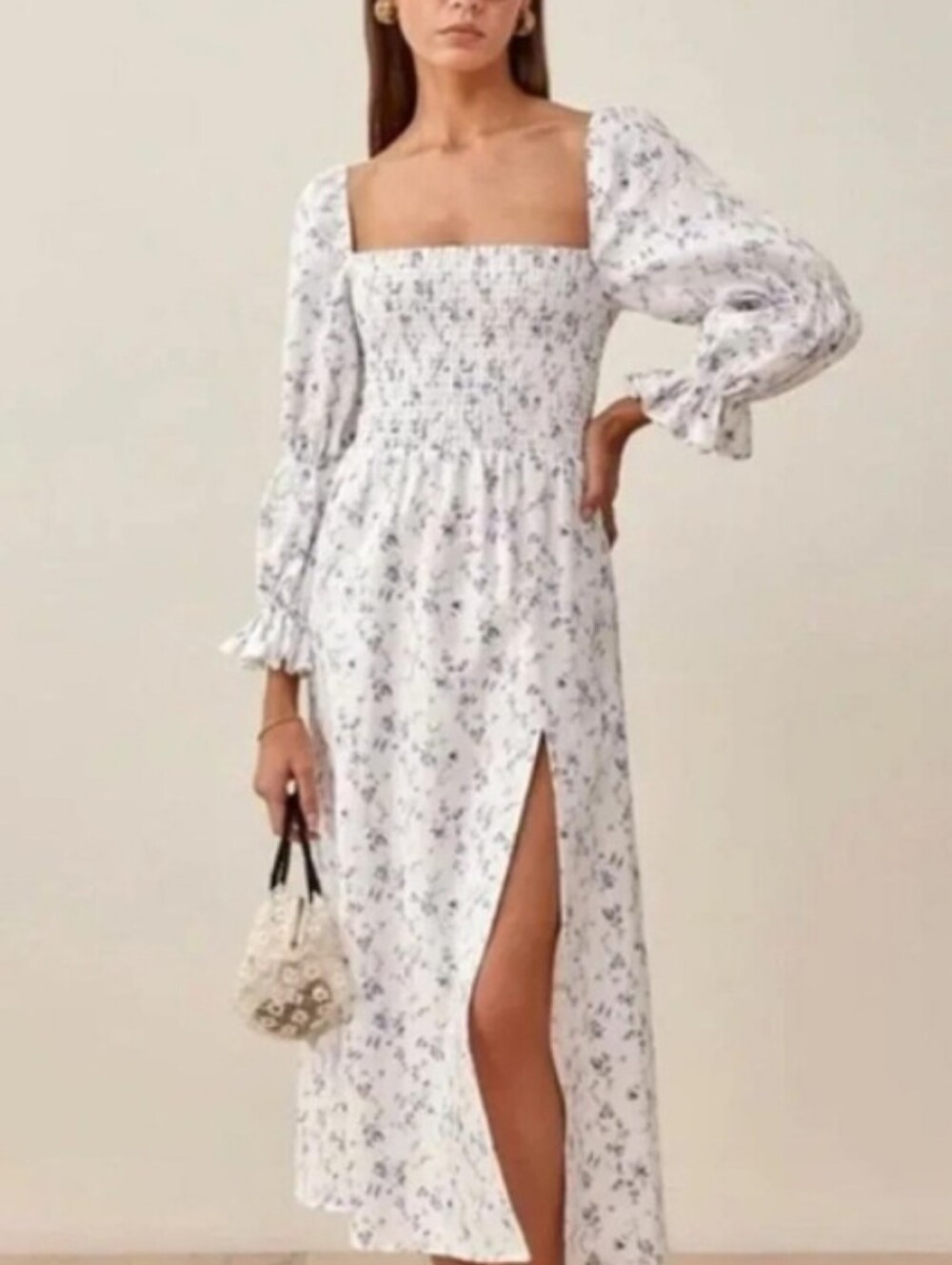 House of Harlow 1960 White Floral Smocked Midi Dress with Side Slit
